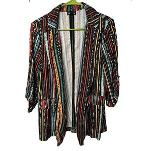 Messini Blazer Women Large Jacket Open Front Striped Linen Blend Roll Tab Sleeve